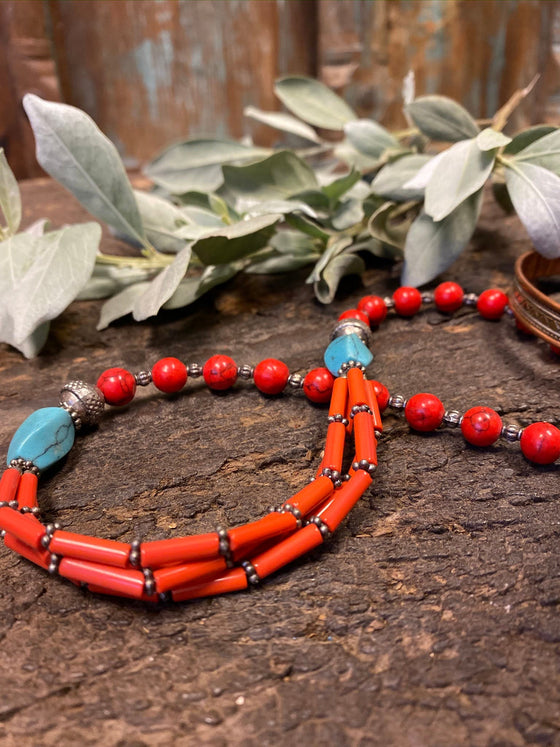 Bohemian Jewelry Beads Necklace Coral Turquoise Stones Handmade Necklaces