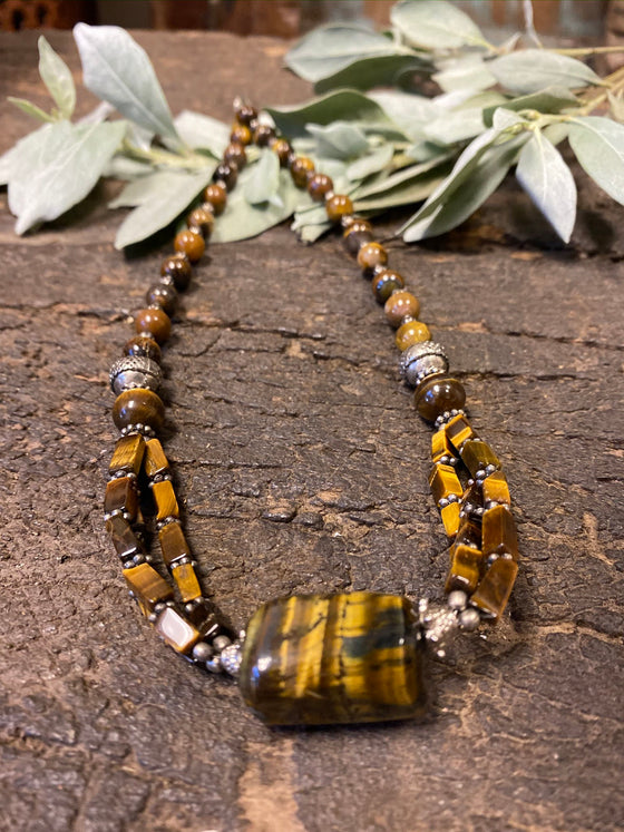 Bohemian Jewelry Tiger eye Beads Pendent Necklace Handcrafted Beads