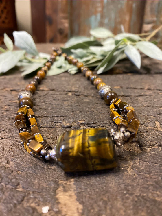 Bohemian Jewelry Tiger eye Beads Pendent Necklace Handcrafted Beads