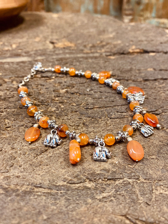 Grounding Earthing Orange Beaded Stones Silver Color Elephant Handmade