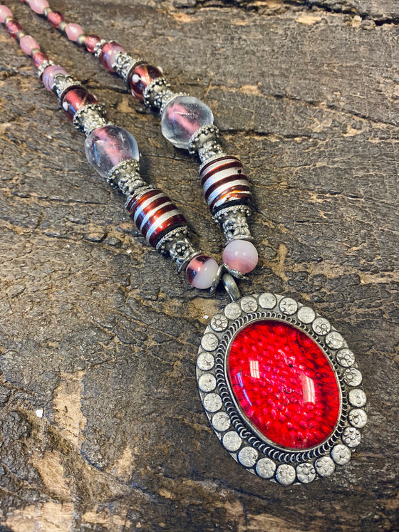 Red Old Stone Pendant Necklace, Handmade Necklaces Vinatge REtro