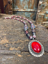 Red Old Stone Pendant Necklace, Handmade Necklaces Vinatge REtro