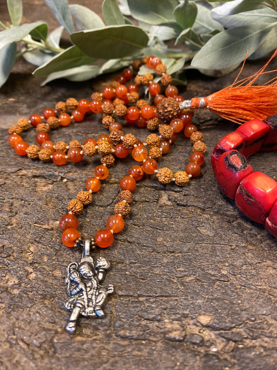 Yoga Mala, Prayer Beads Japamala Rudraksha Carnelian, Root Chakra Necklace