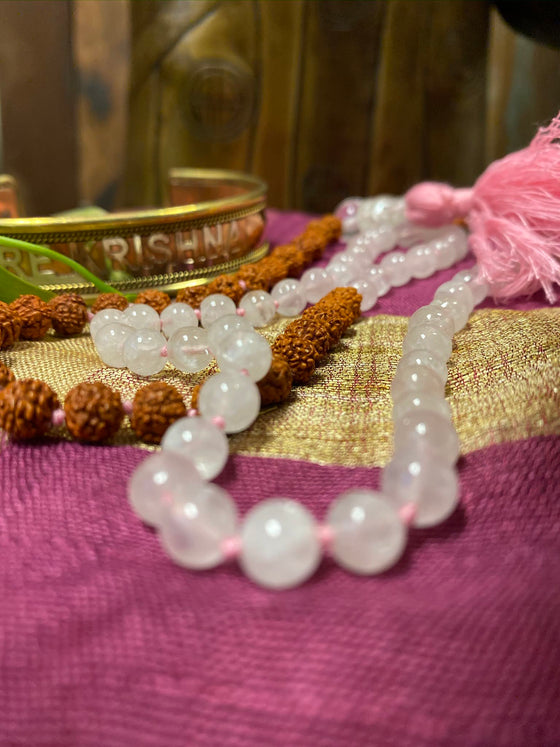 Yoga Mala Rose Quartz Beads Rudraksha Unconditional Love Mala