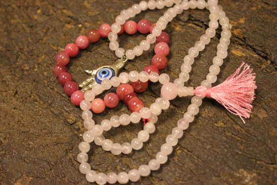 Love Mala, Rose Quartz Malabeads, Evil Eye Pendant, Unconditional