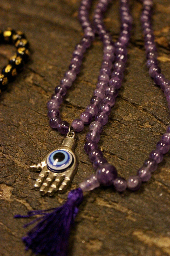 Amethyst Mala beads, Evil Eye pendant, Om Mani Padme Hum Bracelet