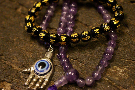 Amethyst Mala beads, Evil Eye pendant, Om Mani Padme Hum Bracelet