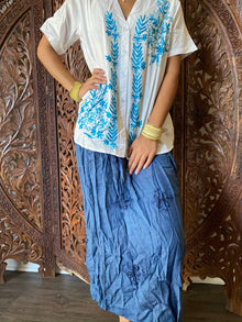  Maxi Blue Skirt, Embroidered Summer Beach fashion, White SM