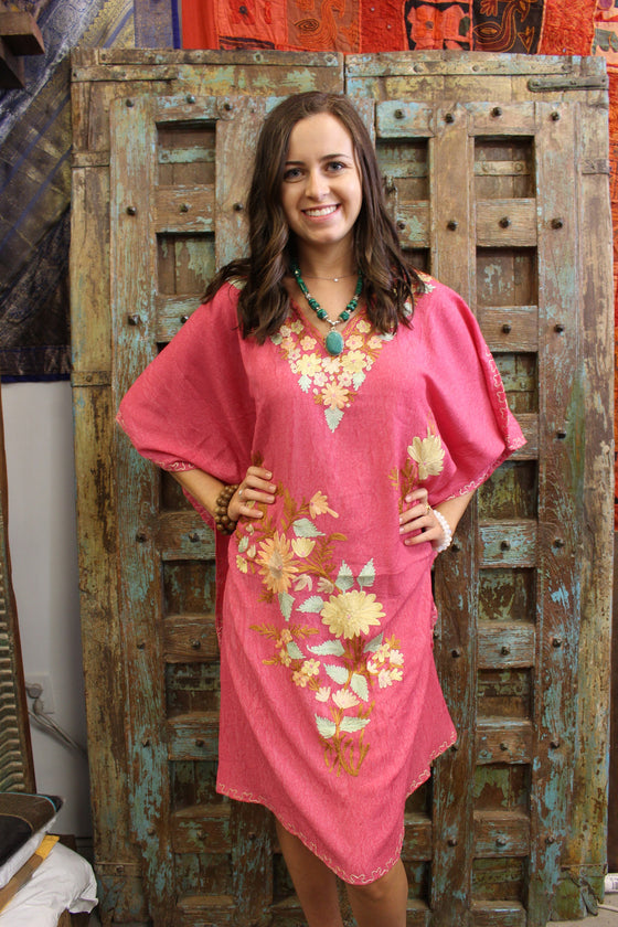 Embellished Floral Short Caftan Yellow Lounger Cover L-3XL