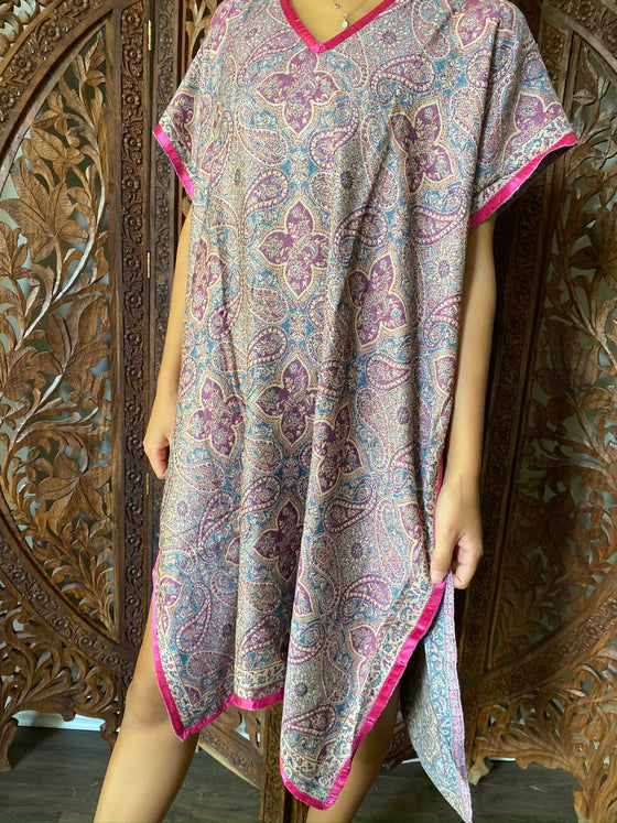 Womans Retro KImono Kaftan Dress Purple Paisley Pashmina Caftan Midi Dress ML