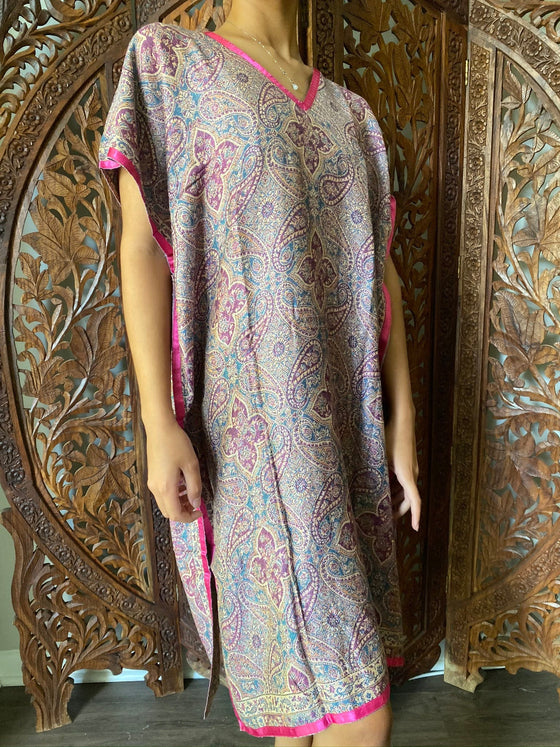 Womans Retro KImono Kaftan Dress Purple Paisley Pashmina Caftan Midi Dress ML