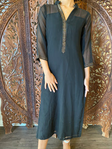  Long Tunic Dress, Black Gold Georgette Bohemian Tunic S