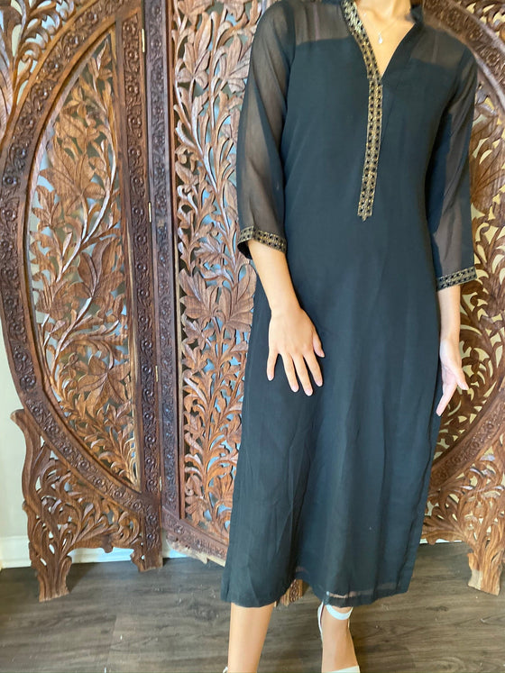 Long Tunic Dress, Black Gold Georgette Bohemian Tunic S