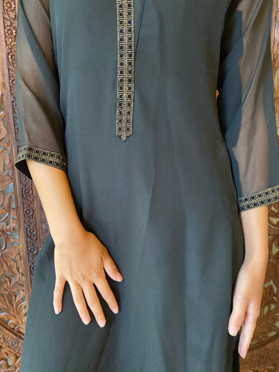 Long Tunic Dress, Black Gold Georgette Bohemian Tunic S