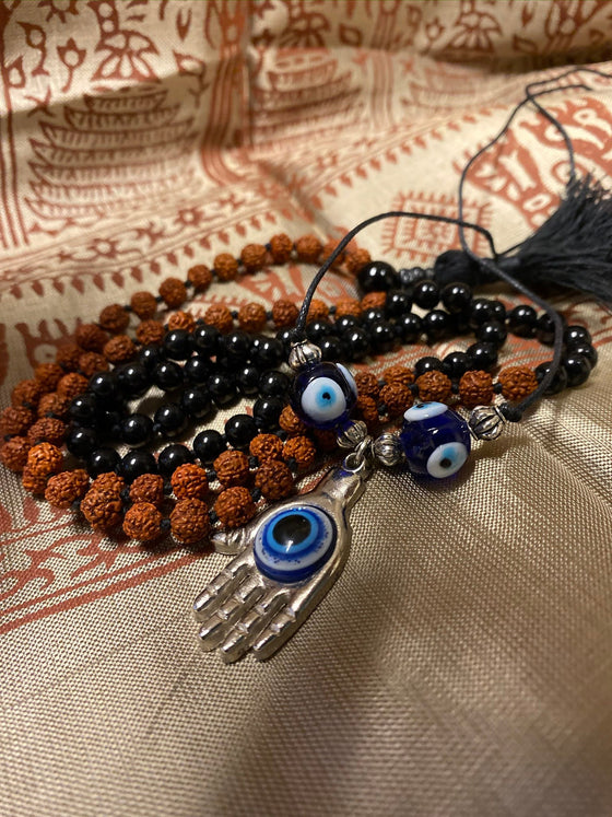 Evil eye Pendant Necklace Rudraksha Black Stone Japa Yoga Mala