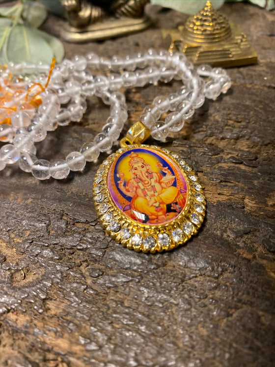 Ganesha Altar- Crystal Quartz Rudraksha Mala Beads, Meditation Japa