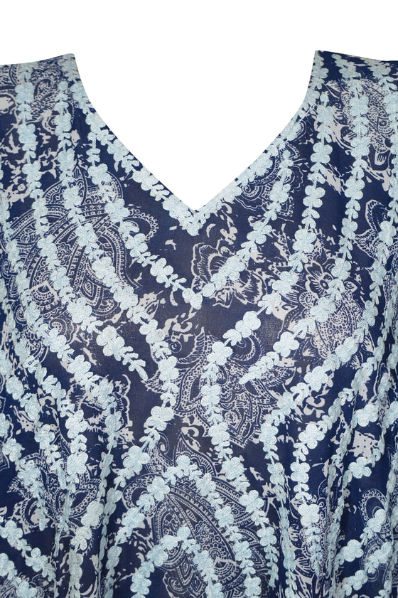 Sheer Caftan Maxi Dress, Blue White Paisley Print Embroidered Kaftan Lounger 4XL