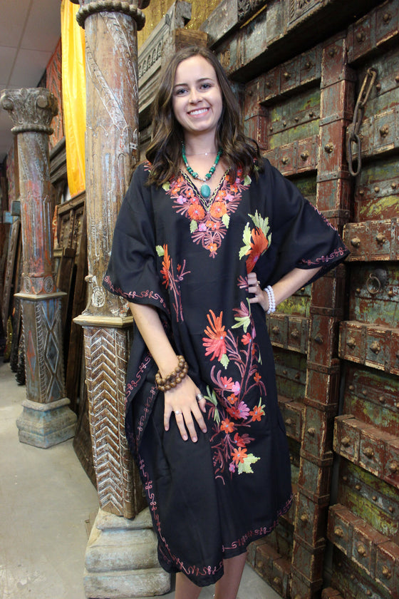 Embroidered Caftan Maxi Dress, Pink Sherbet Flowy Kaftan Dresses 3XL