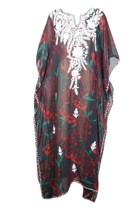 Kaftan Maxi Dress, Georgette Embroidered Resort Wear Dresses, L/4X