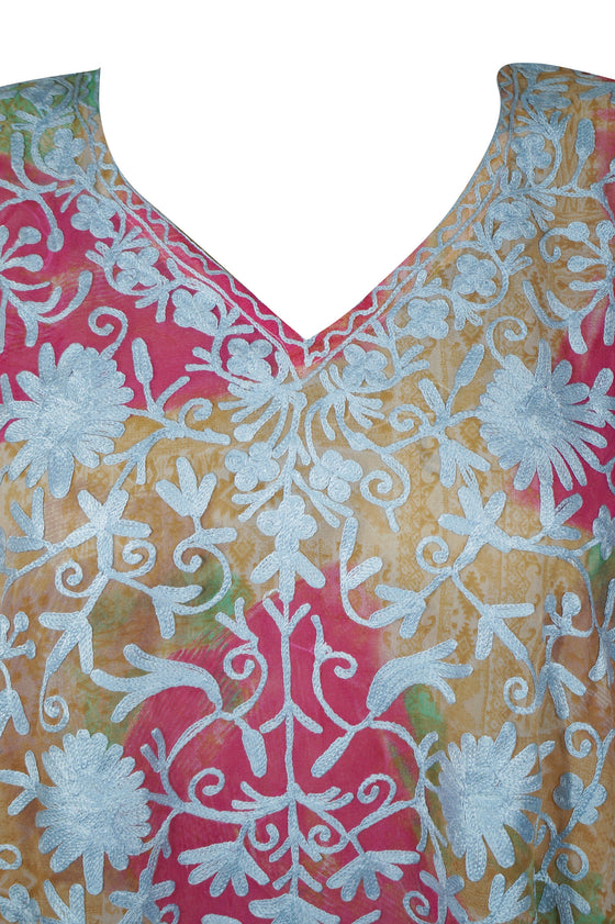 Caftan Maxi Dress, Pink Sherebet Floral Embroidered kaftan 4X