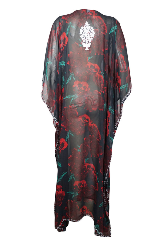 Kaftan Maxi Dress, Georgette Embroidered Resort Wear Dresses, L/4X