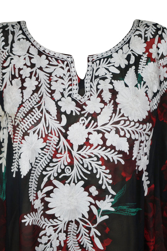 Sheer Caftan Maxi Dresses, Black Embroidered Roses Cruise Travel Kaftan L-4XL