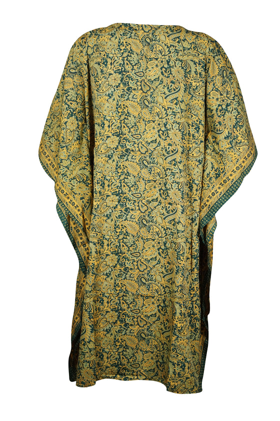Boho Kaftan for Women Green Yellow Silk Travel Beach Dress 3XL