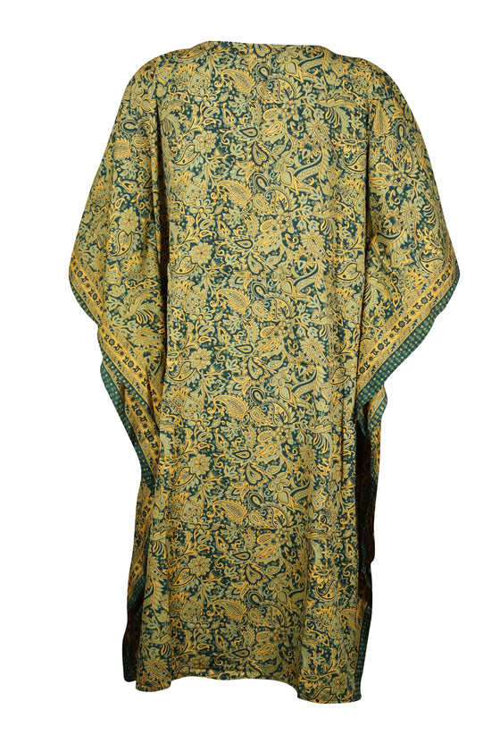 Boho Kaftan Dresses, Tunic Caftan, Green Yellow Silk Travel Beach Dress 3XL