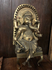  Vintage Brass Statue Ganesha Seated on Chair Carved Sculpture