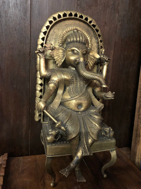 Vintage Brass Statue Ganesha Seated on Chair Carved Sculpture