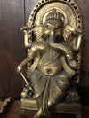 Vintage Brass Statue Ganesha Seated on Chair Carved Sculpture