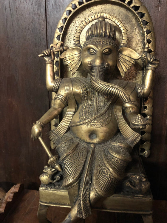 Vintage Brass Statue Ganesha Seated on Chair Carved Sculpture