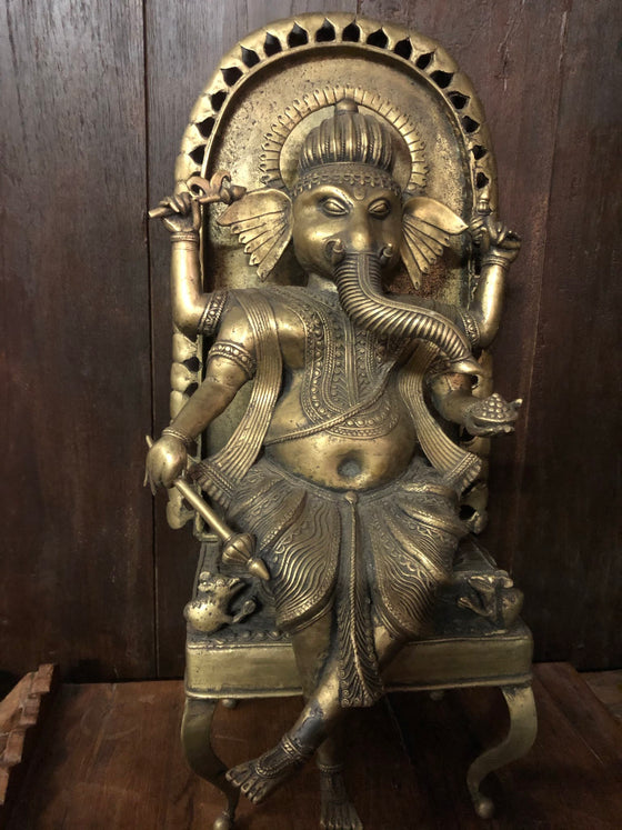 Vintage Brass Statue Ganesha Seated on Chair Carved Sculpture