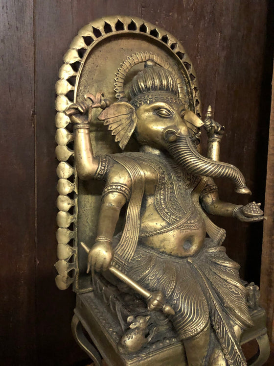 Vintage Brass Statue Ganesha Seated on Chair Carved Sculpture
