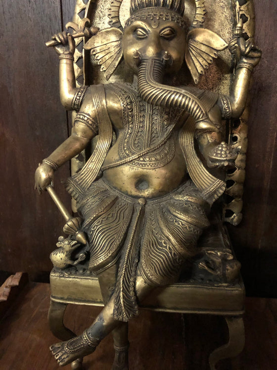 Vintage Brass Statue Ganesha Seated on Chair Carved Sculpture