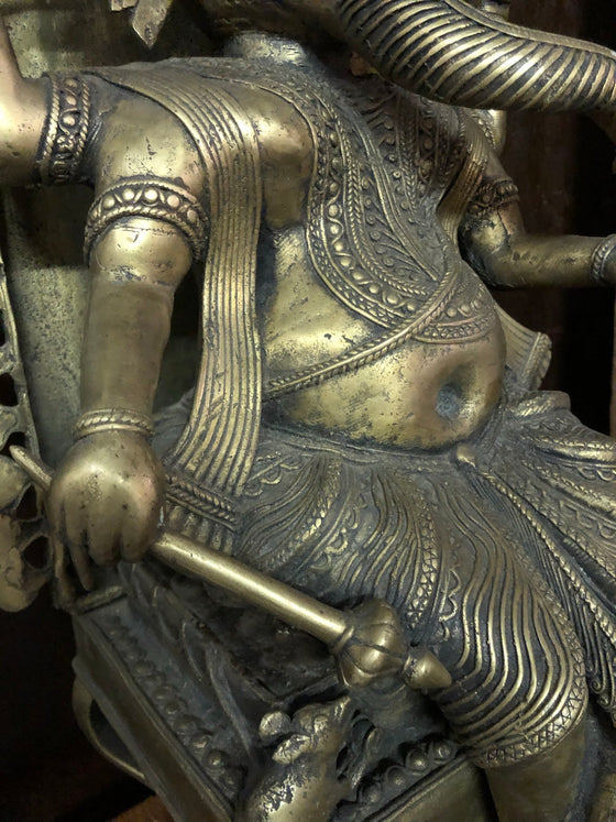 Vintage Brass Statue Ganesha Seated on Chair Carved Sculpture