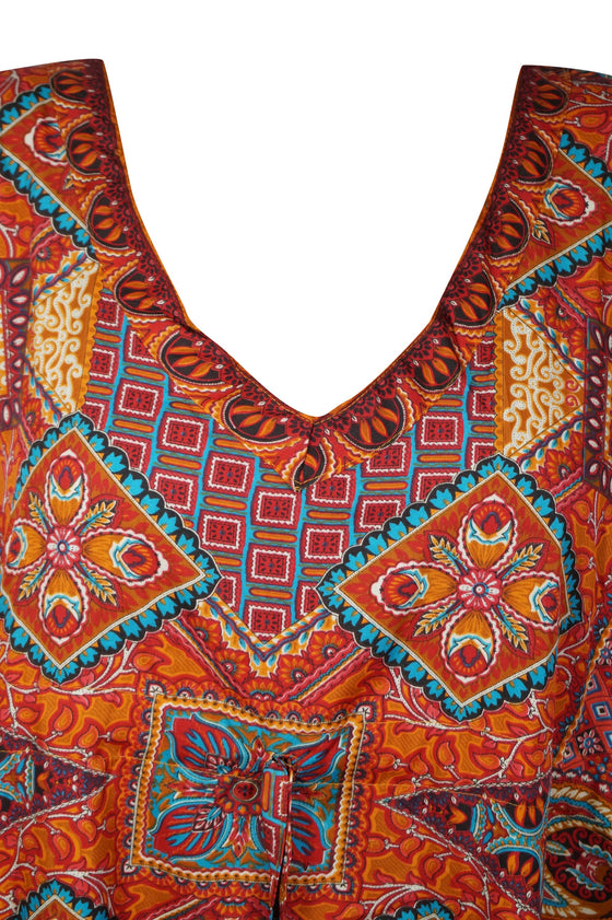 Maxi Caftan Dress Orange Red Floral Printed Beach Onesize