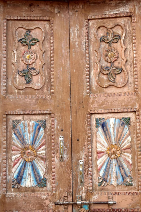 Antique Indo-French Doors with Frame, Rustic Carved Jali Teak Doors 98