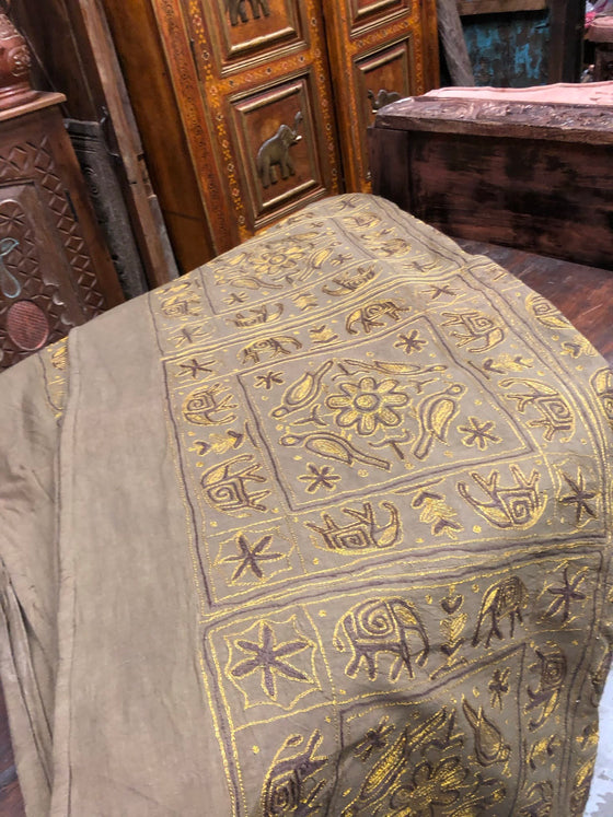 Indian Boho Lined Bedcover Embroidered Khaki Bed Throw King