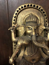 Vintage Brass Statue Ganesha Seated on Chair Carved Sculpture