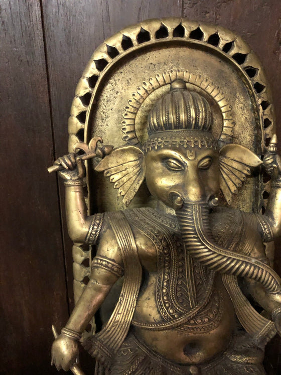 Vintage Brass Statue Ganesha Seated on Chair Carved Sculpture