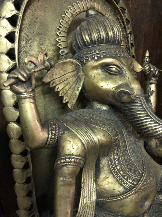 Vintage Brass Statue Ganesha Seated on Chair Carved Sculpture