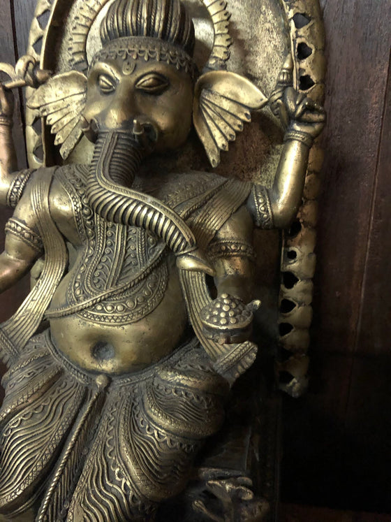 Vintage Brass Statue Ganesha Seated on Chair Carved Sculpture