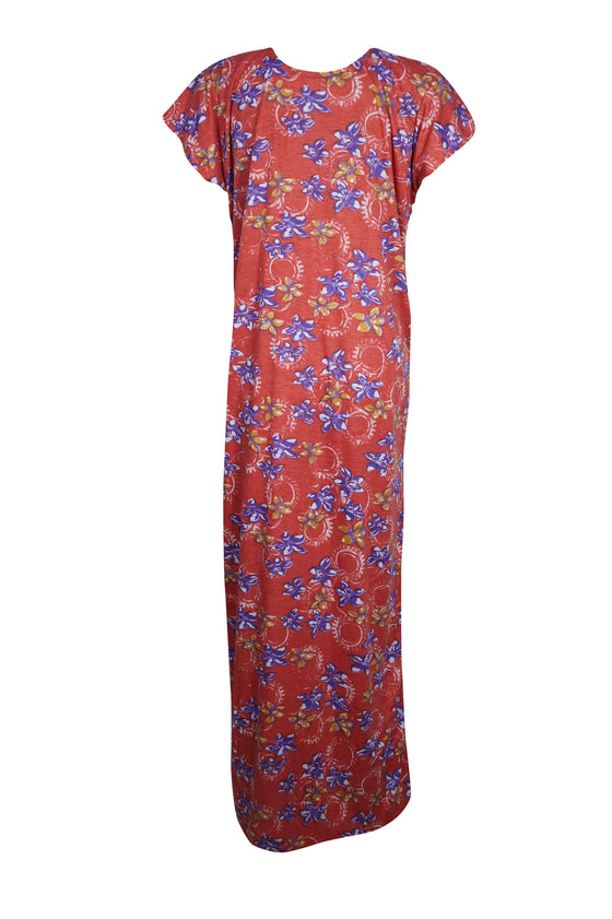 Maxi Dress, Red Floral Printed Sleepwear, Loose Caftan L