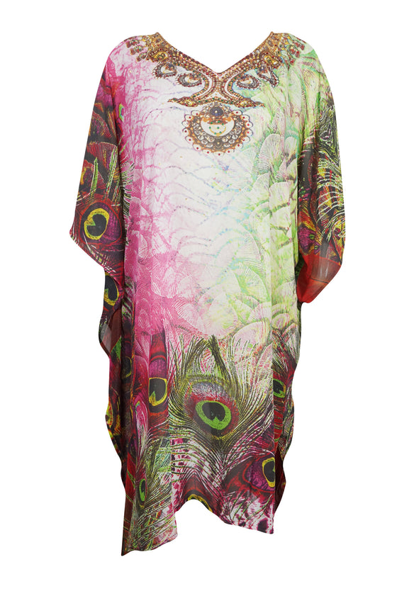 Kaftan Dress, Peacock Print Pink Dresses, Loose Beach size