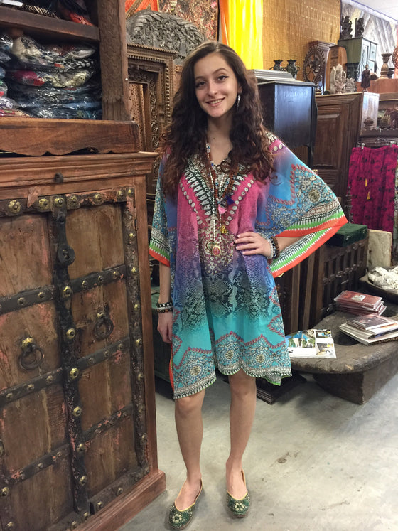 Kaftan Dress, Peacock Print Pink Dresses, Loose Beach size