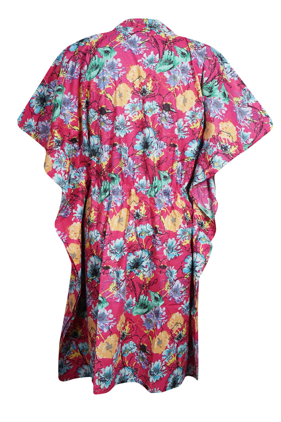 Tunic Caftan Dress, Pink Floral Printed Kaftan Dresses, L-XL