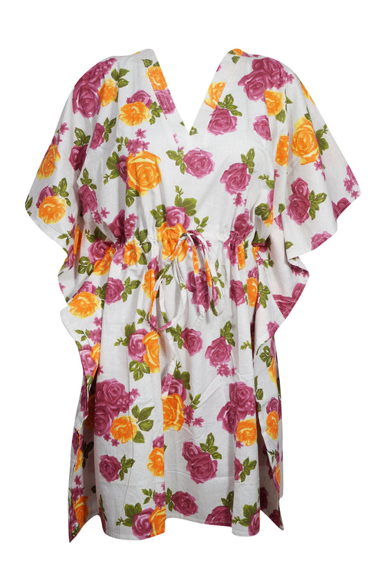 Boho Muumuu Kaftan Dress, White Pink Rose Printed L-3XL