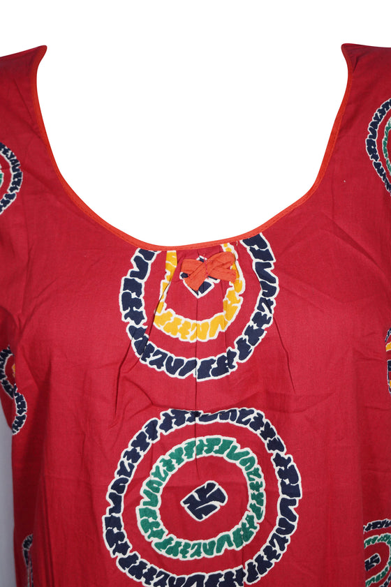 Red Cotton Maxi Dress, Kaftan, Short Sleeves Printed L
