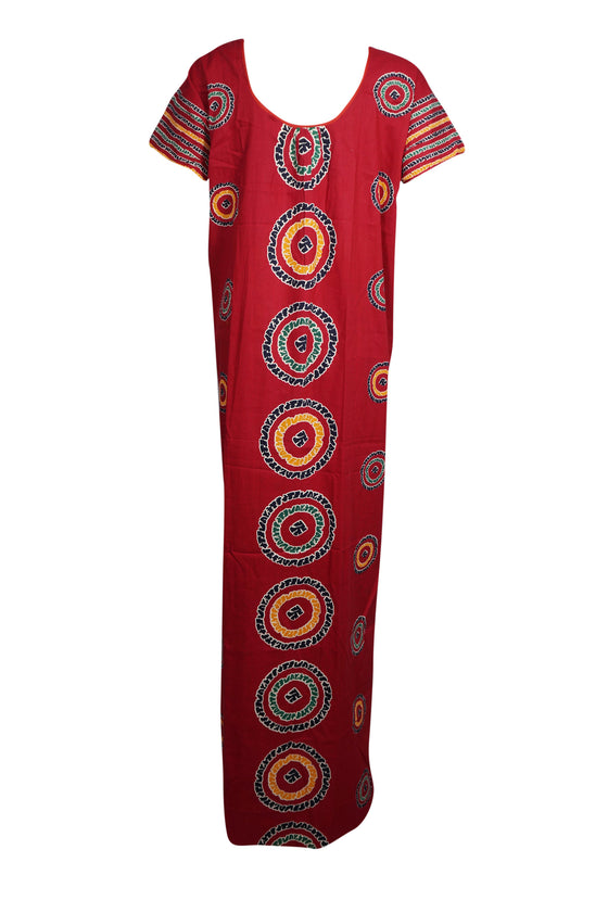 Red Cotton Maxi Dress, Kaftan, Short Sleeves Printed L
